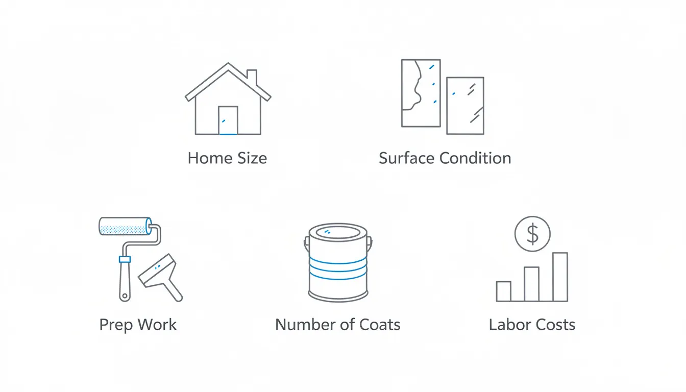 2026 Nashville house painting cost guide for home size and cost to paint 15 The infographic features a clean grid layout with five simple line icons on a white background, using neutral gray and blue tones. The top row includes icons labeled 'Home Size' and 'Surface Condition', while the bottom row displays 'Prep Work', 'Number of Coats', and 'Labor Costs', each accompanied by a brief one-line description, providing a visual summary of key factors influencing house painting costs.