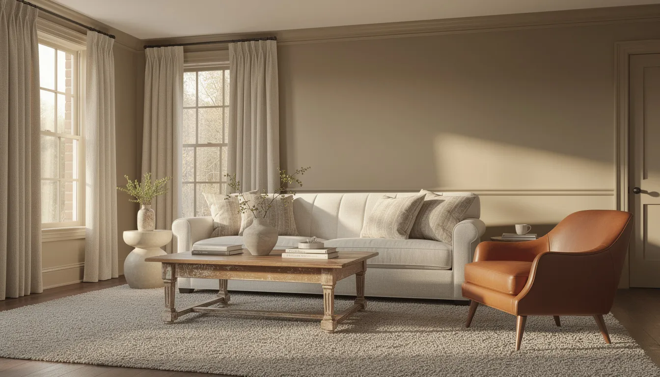 Top 5 Interior Paint Color Trends for 2026 (Tennessee Edition) 13 The image depicts a cozy yet sophisticated living room in a Tennessee home, featuring walls painted in Universal Khaki, which creates warmth and depth. The space showcases layered textures with a linen sofa, leather accent chair, vintage wood coffee table, and a wool area rug, all complemented by sculptural furniture and soft neutrals in the window treatments, embodying a timeless and organic interior design style.