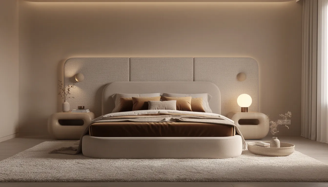 Top 5 Interior Paint Color Trends for 2026 (Tennessee Edition) 15 The image depicts a calming bedroom interior designed around the 2026 cocooning trend, featuring warm neutral walls and ceiling painted in a soft hue with clay undertones. The space is enhanced by layered textures such as velvet bedding and a plush rug, along with sculptural furniture like rounded nightstands and a curved upholstered bed frame, creating a warm and organic atmosphere perfect for relaxation.