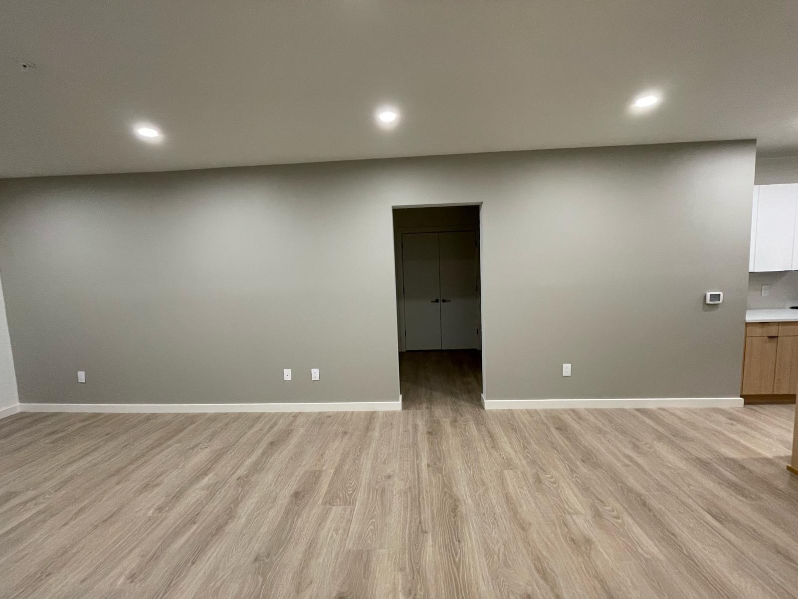 Freshly painted light gray living room wall in a Murfreesboro, TN home with wood-look flooring