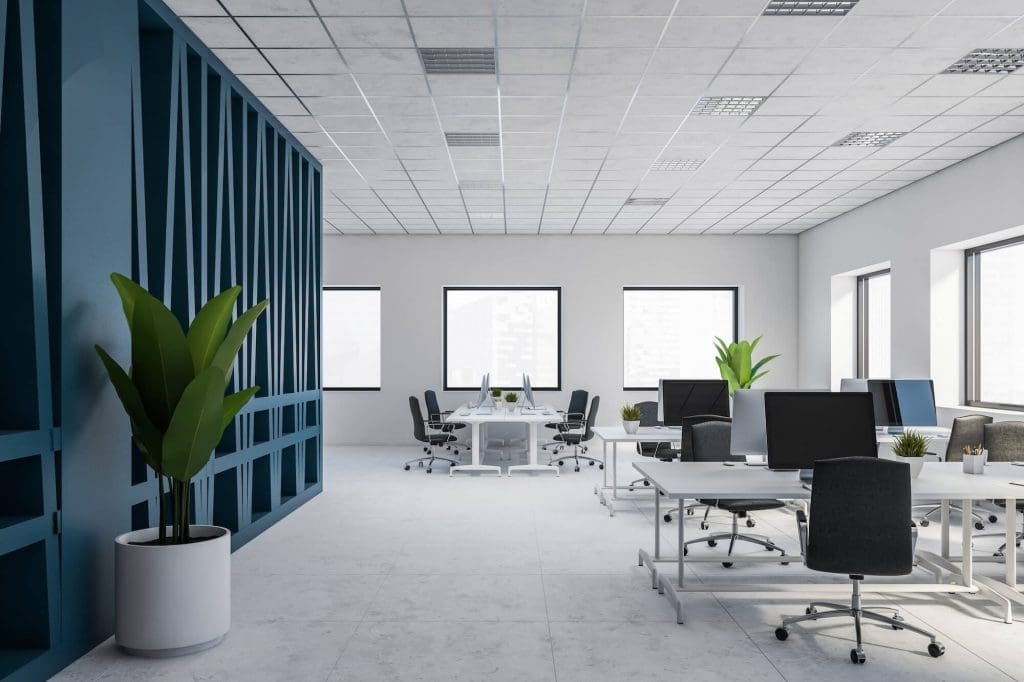 Modern office interior with freshly painted white walls and blue accent partition in Franklin, TN